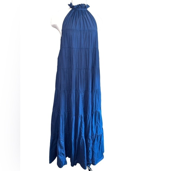 Rhode Resort Women's Dress Size L Julia Maxi Dress Blue High Neck 100% Cotton